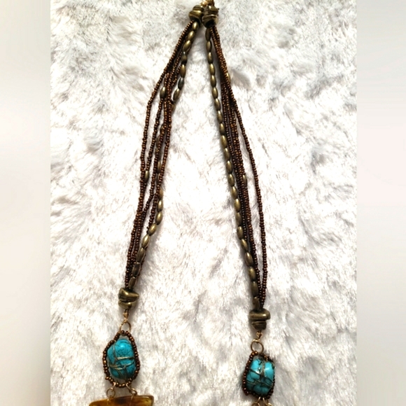 Antique Beautiful Turquoise & Brown Stone Wrapped Gold Tone Wires & Beaded - Picture 11 of 14